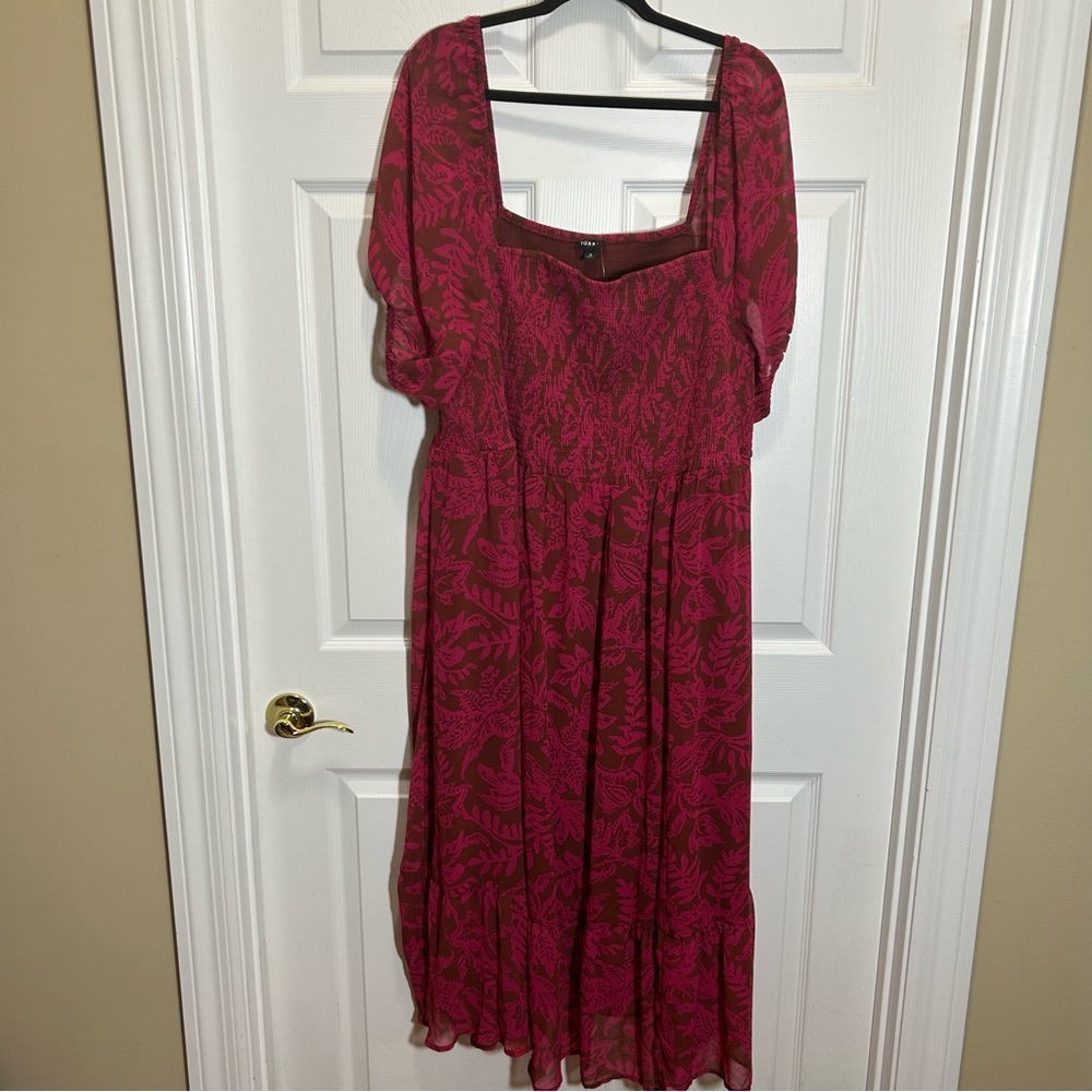 Torrid Brown and Pink Square Neck Puff Sleeve Midi Dress